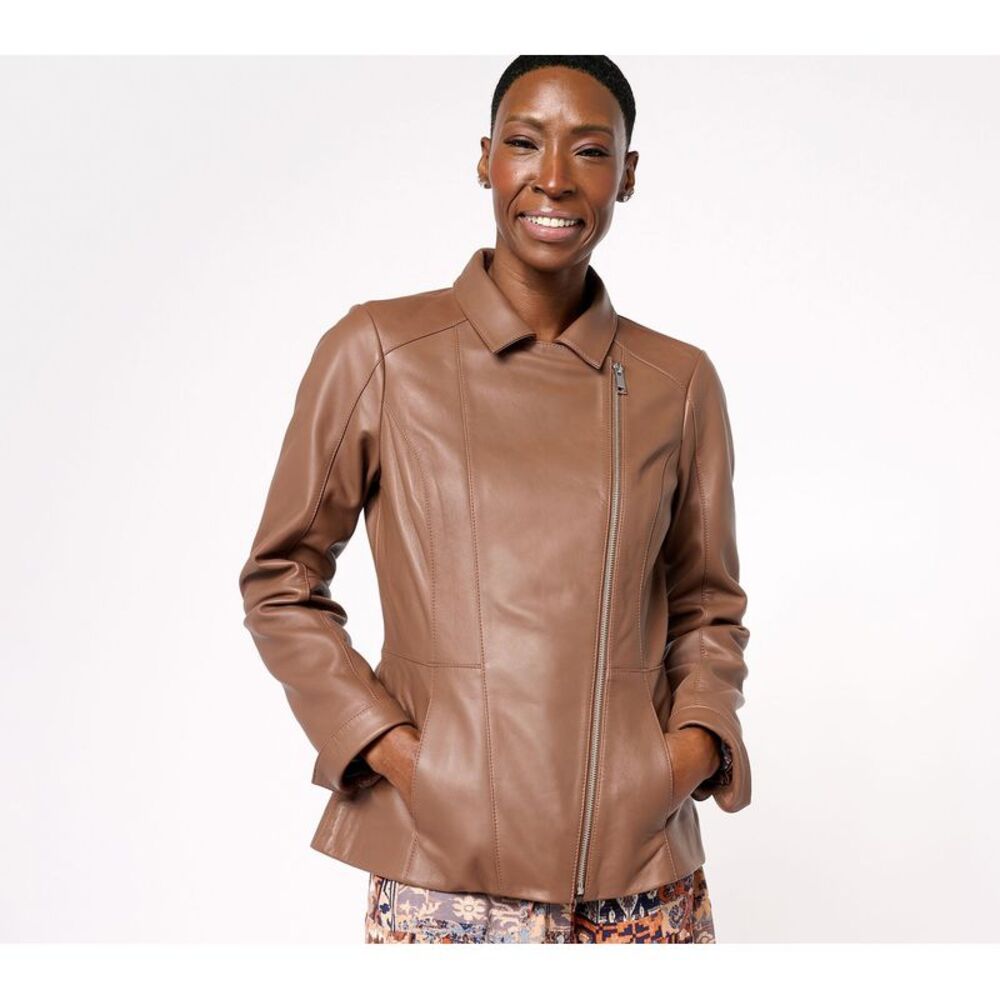 Denim & Co. Women's Plus Sz Jacket 2X Lamb Leather Moto Dune Brown A612795